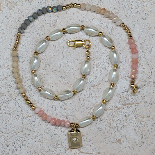 Necklace with multicolored beads on a textured surface